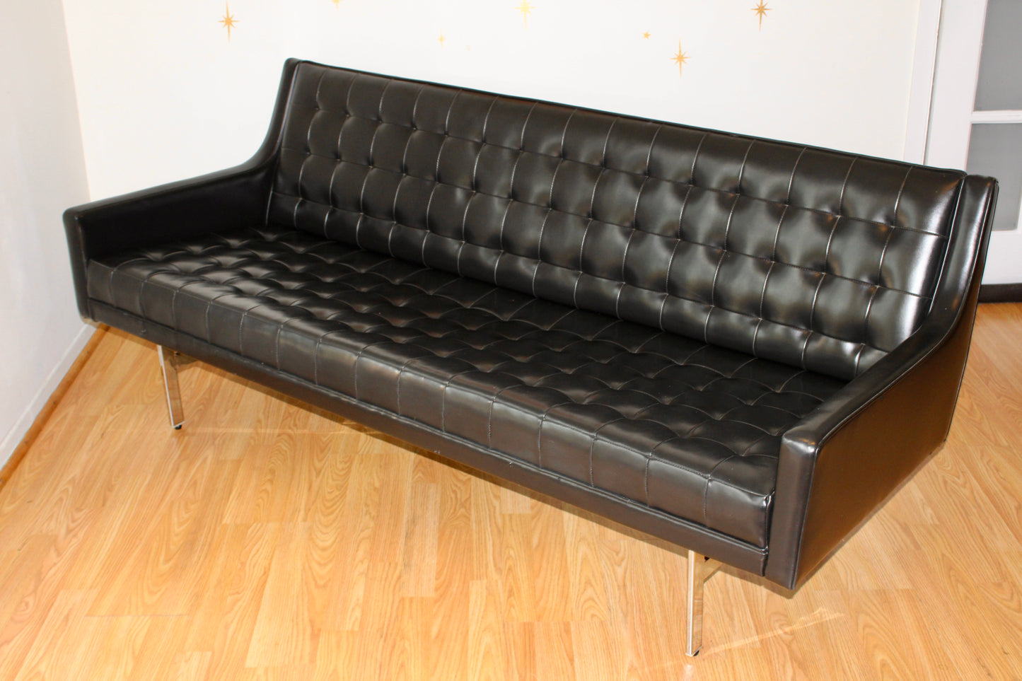 Vintage Black Vinyl Tufted Sofa