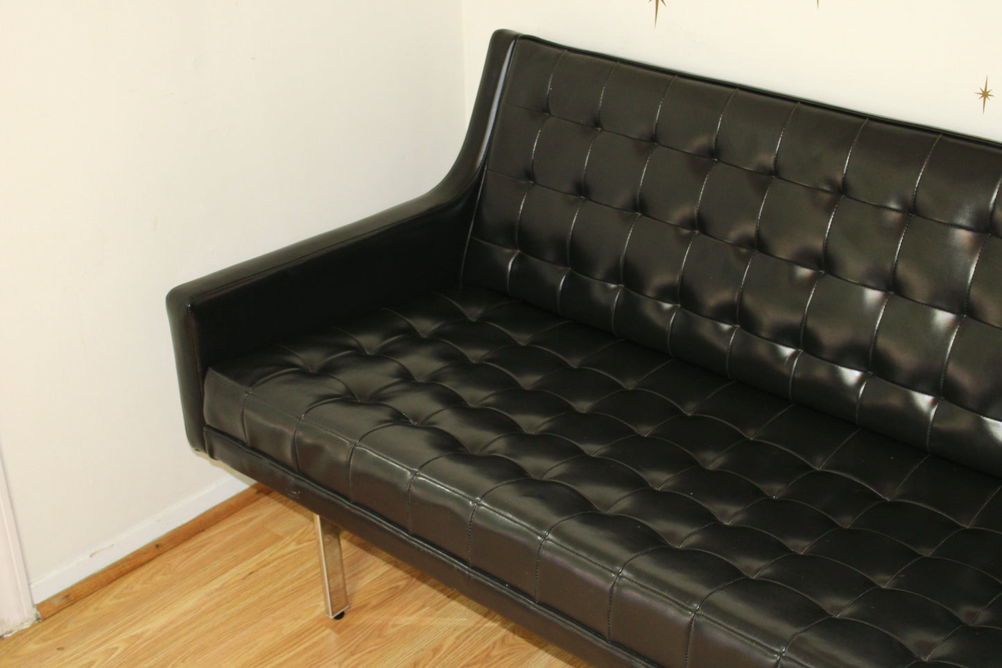 Vintage Black Vinyl Tufted Sofa
