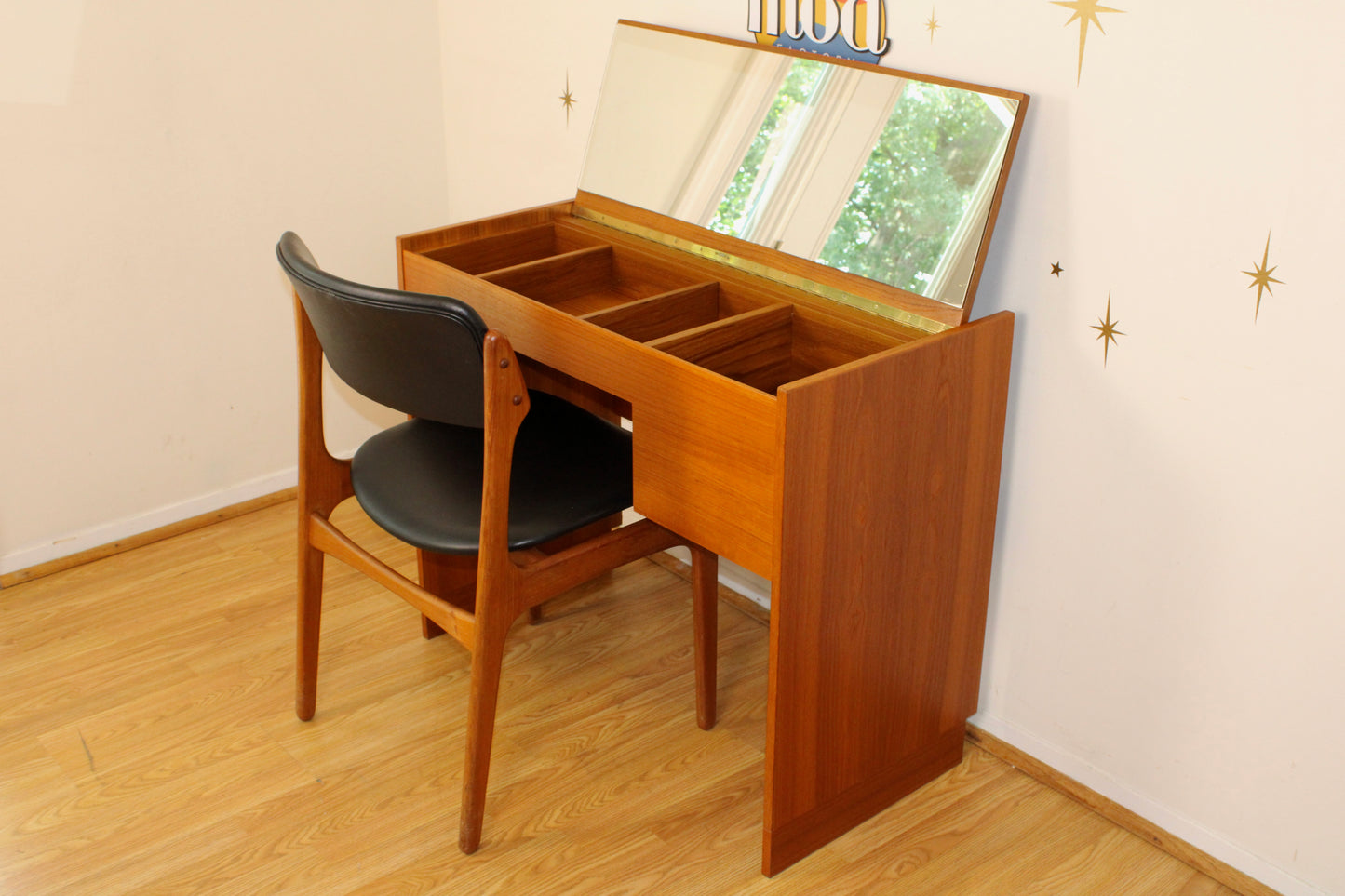 Danish Teak Flip Top Vanity w/ Mirror by Vitré