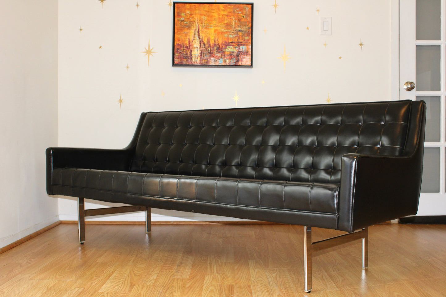 Vintage Black Vinyl Tufted Sofa