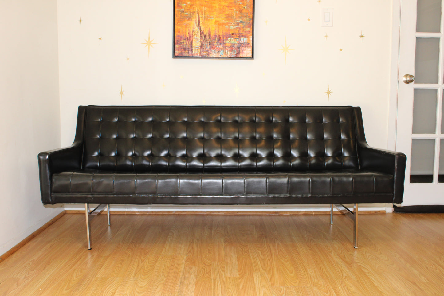 Vintage Black Vinyl Tufted Sofa