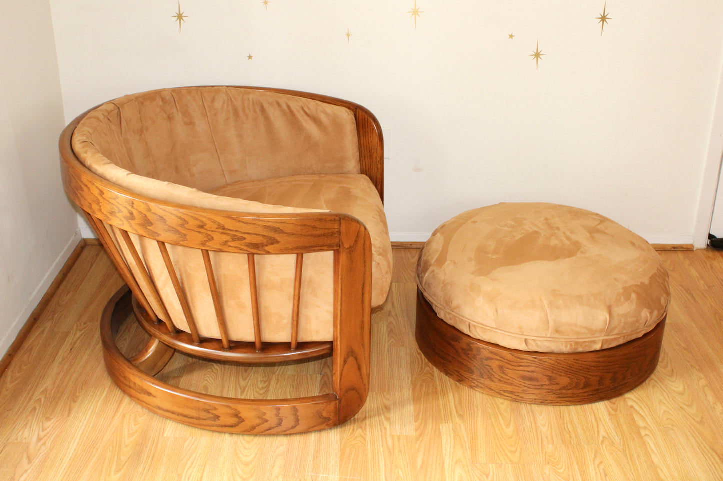 Vintage Spindle Backed Barrel Chair & Ottoman