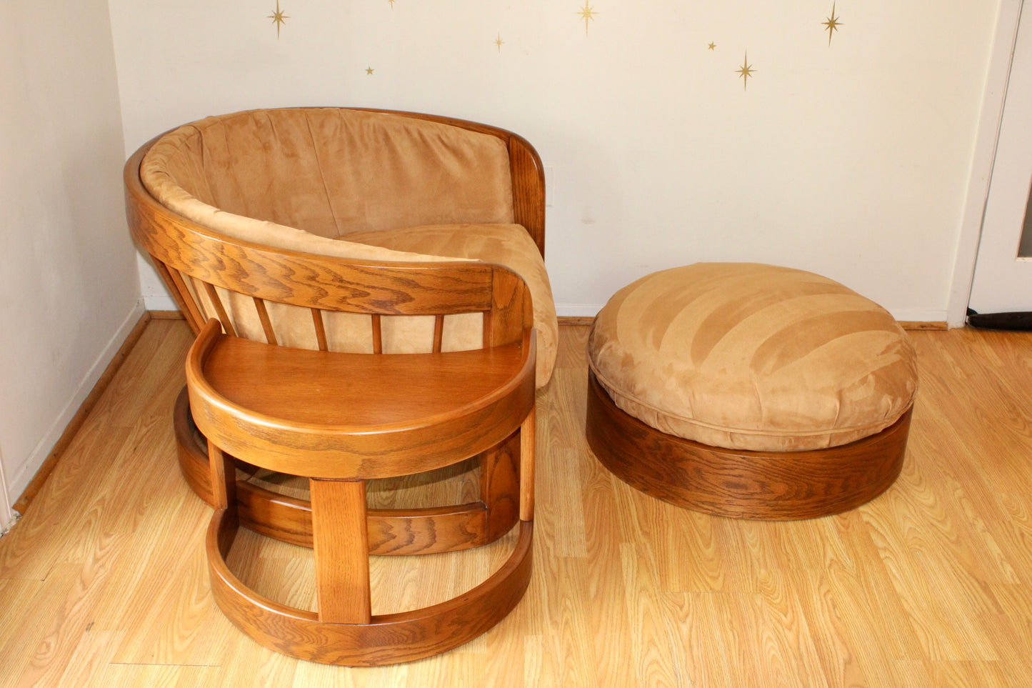 Vintage Spindle Backed Barrel Chair & Ottoman
