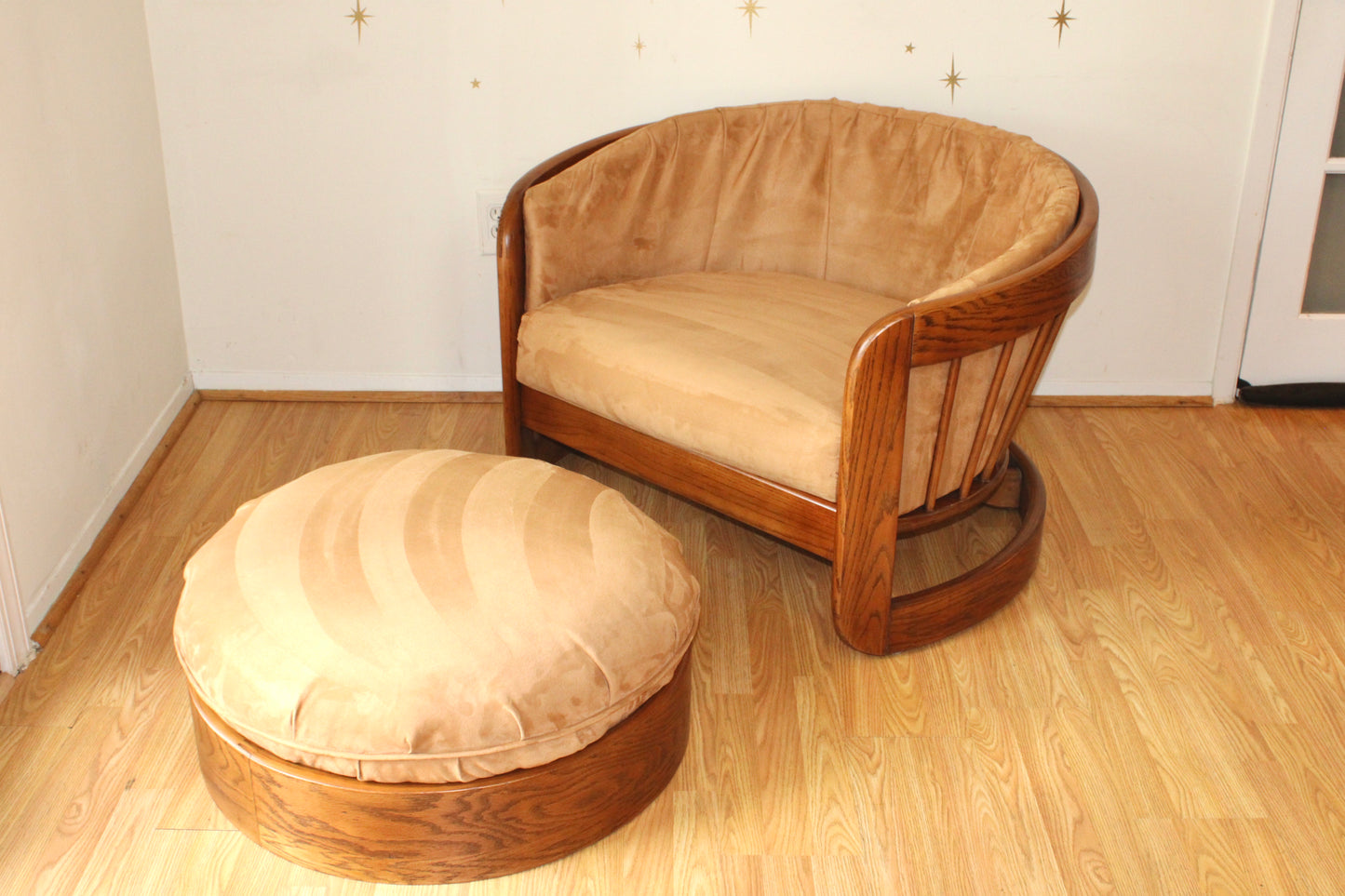 Vintage Spindle Backed Barrel Chair & Ottoman