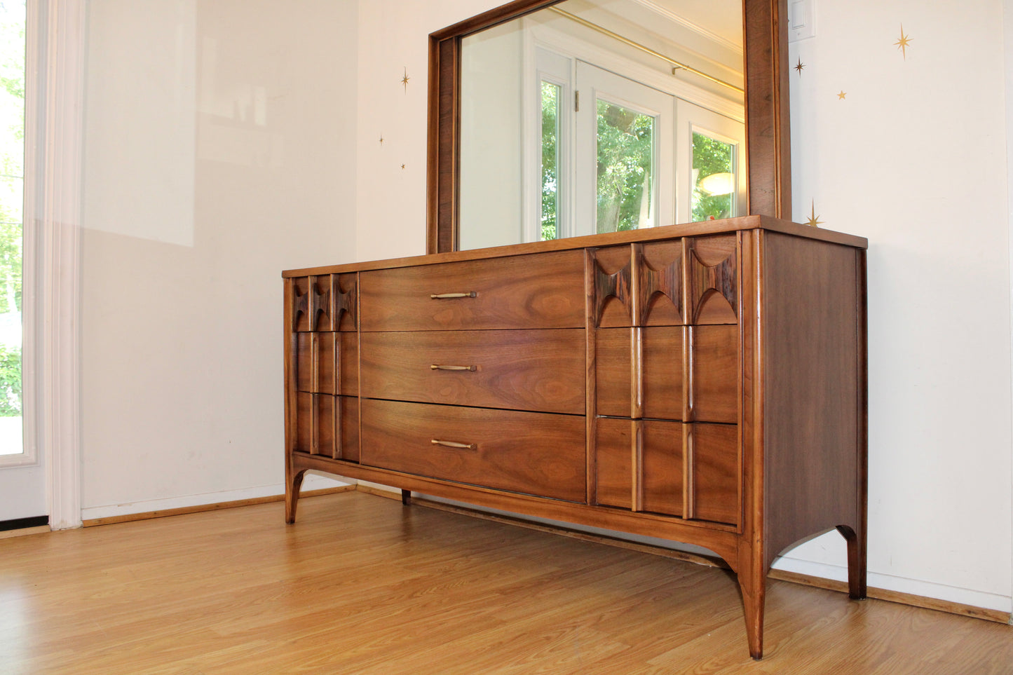 Kent Coffey Perspecta Walnut Lowboy Dresser w/Mirror