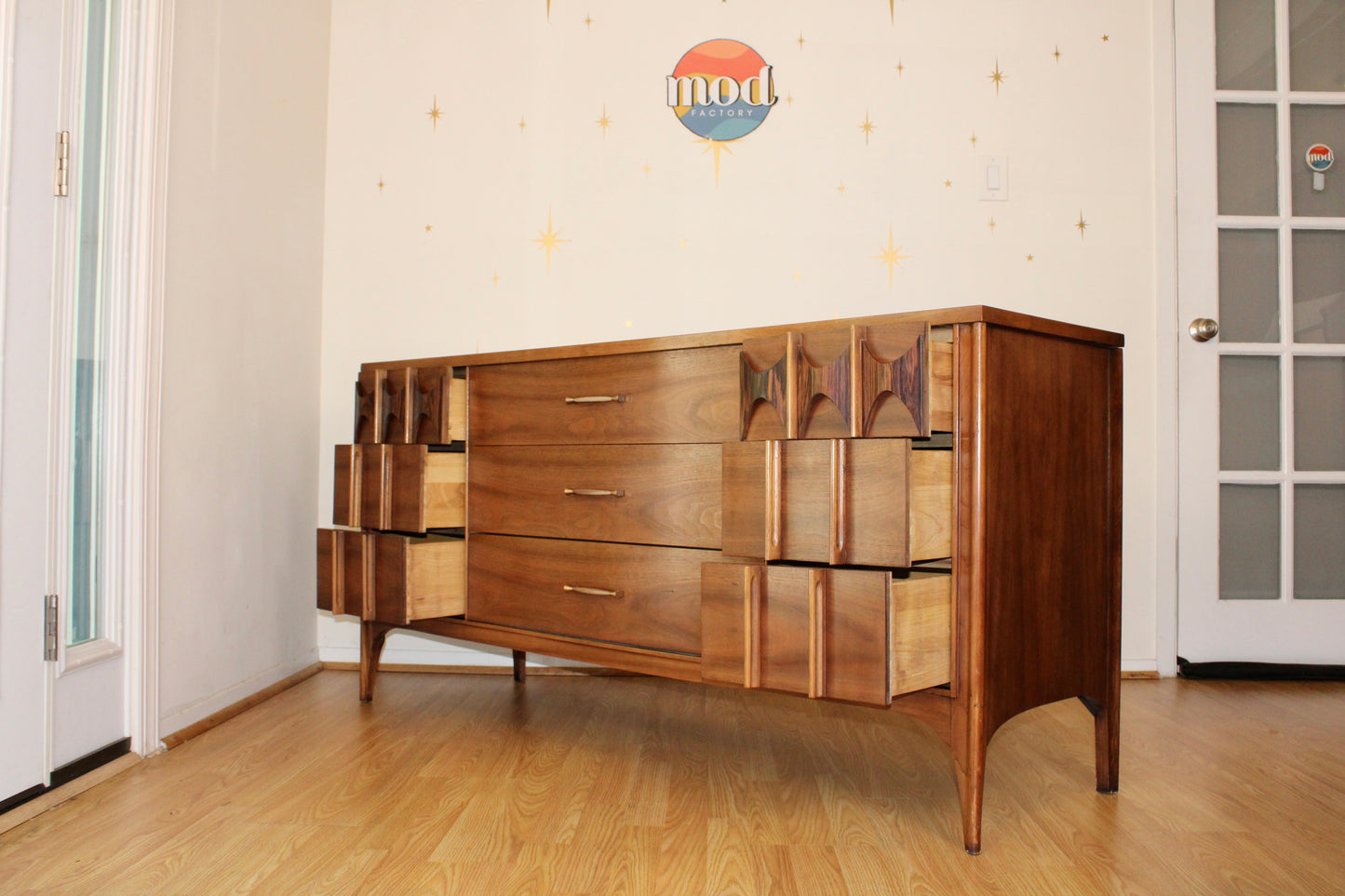Kent Coffey Perspecta Walnut Lowboy Dresser w/Mirror