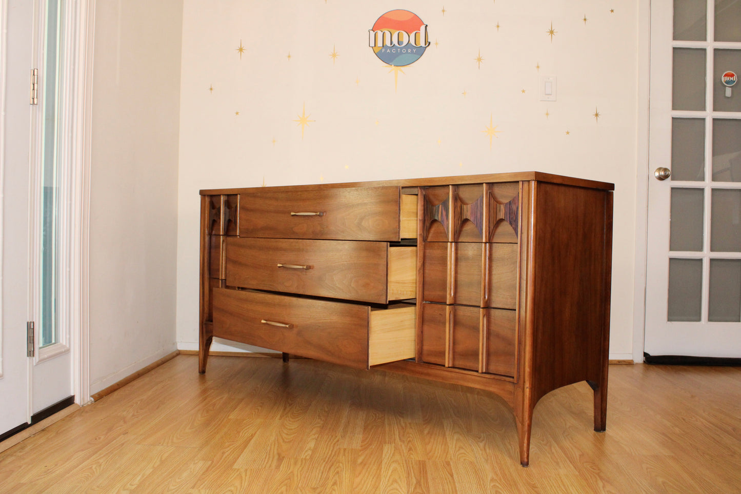 Kent Coffey Perspecta Walnut Lowboy Dresser w/Mirror