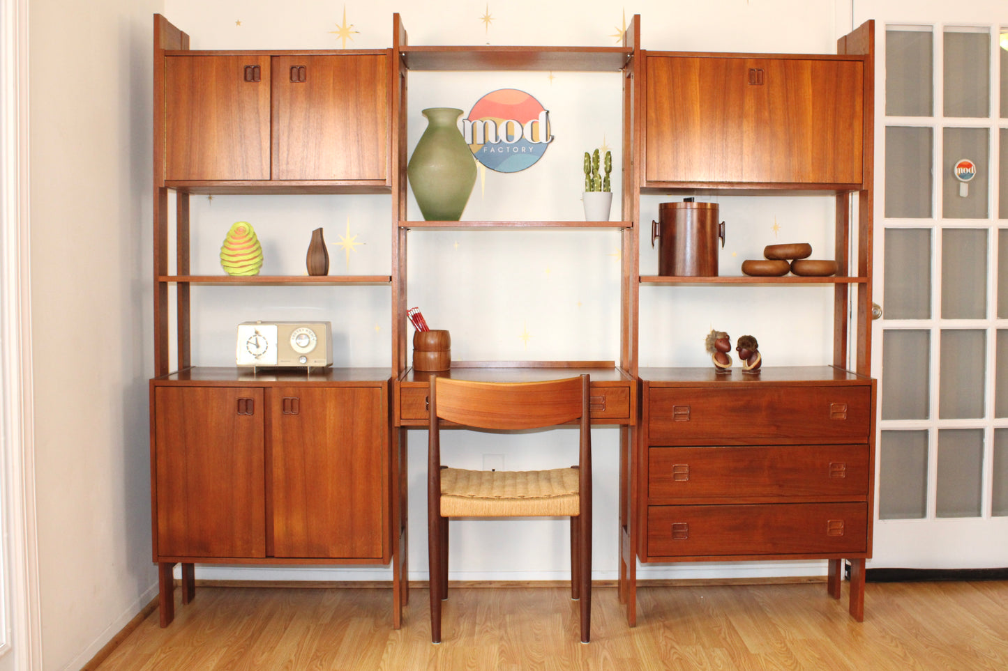 Mid-Century Modern Freestanding 3-Bay Wall Unit/Room Divider