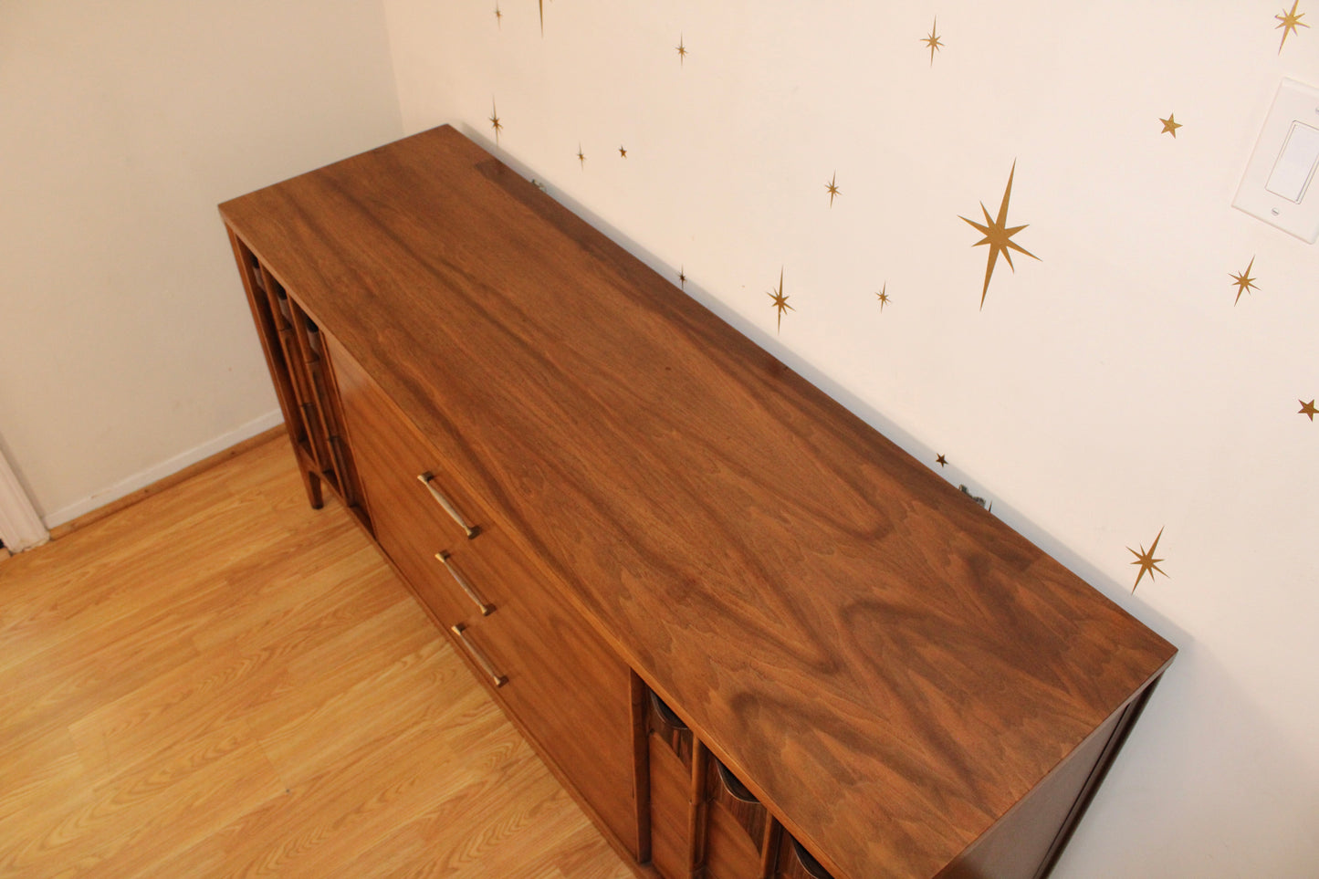 Kent Coffey Perspecta Walnut Lowboy Dresser w/Mirror