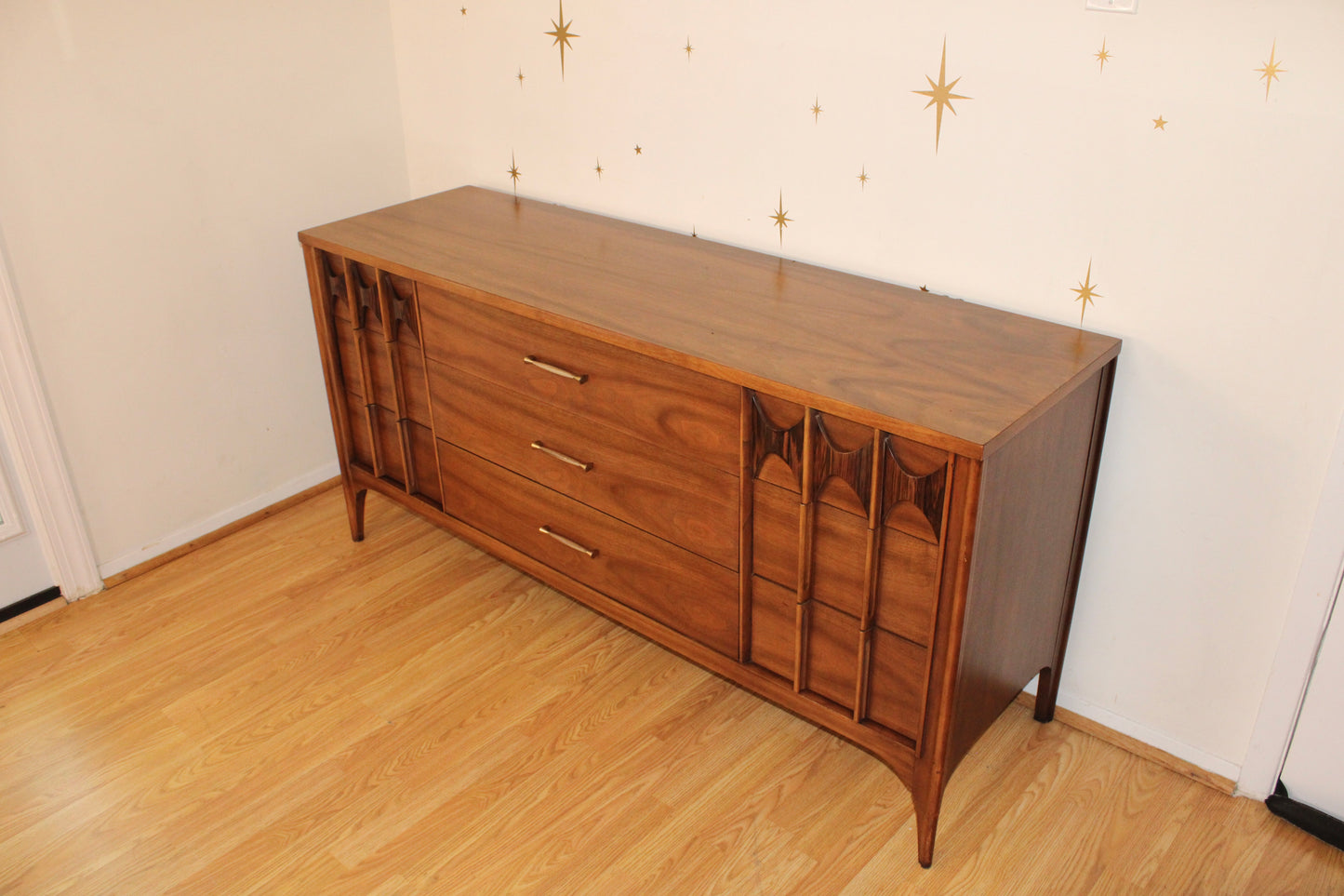 Kent Coffey Perspecta Walnut Lowboy Dresser w/Mirror