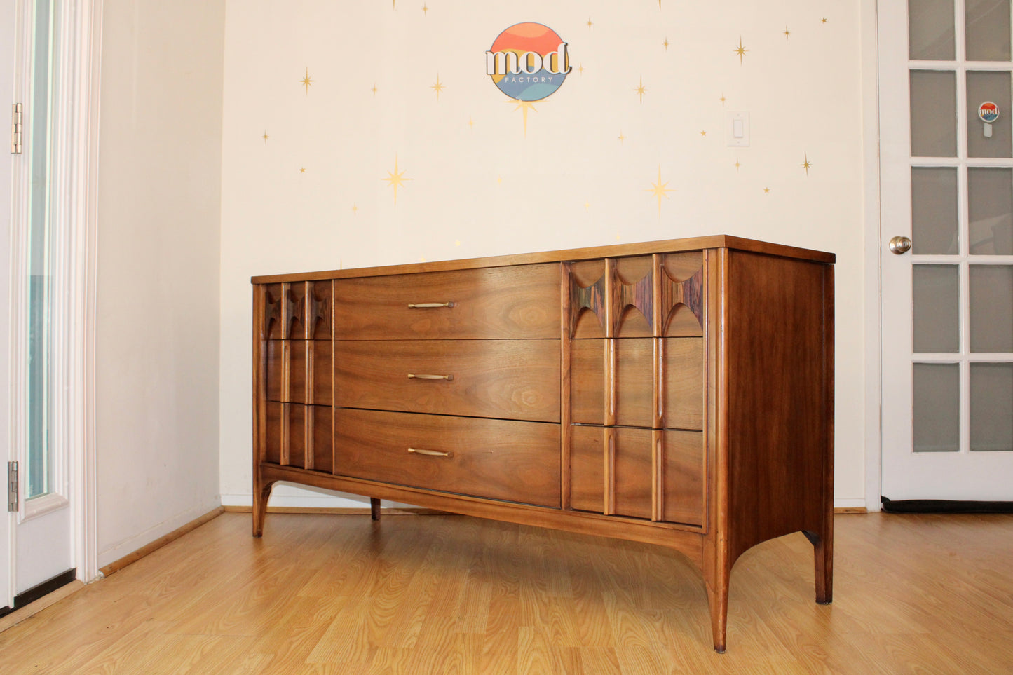 Kent Coffey Perspecta Walnut Lowboy Dresser w/Mirror
