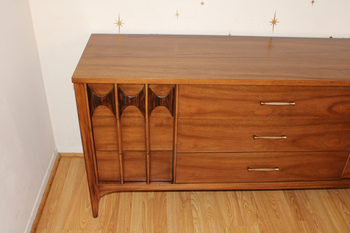 Kent Coffey Perspecta Walnut Lowboy Dresser w/Mirror