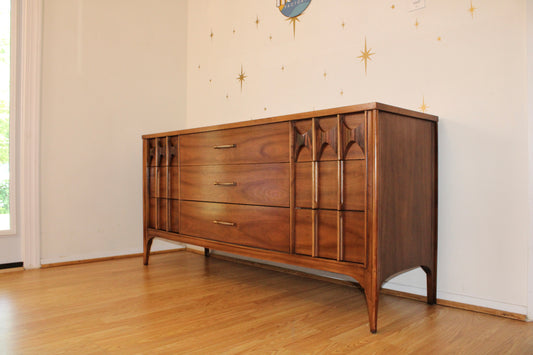 Kent Coffey Perspecta Walnut Lowboy Dresser w/Mirror
