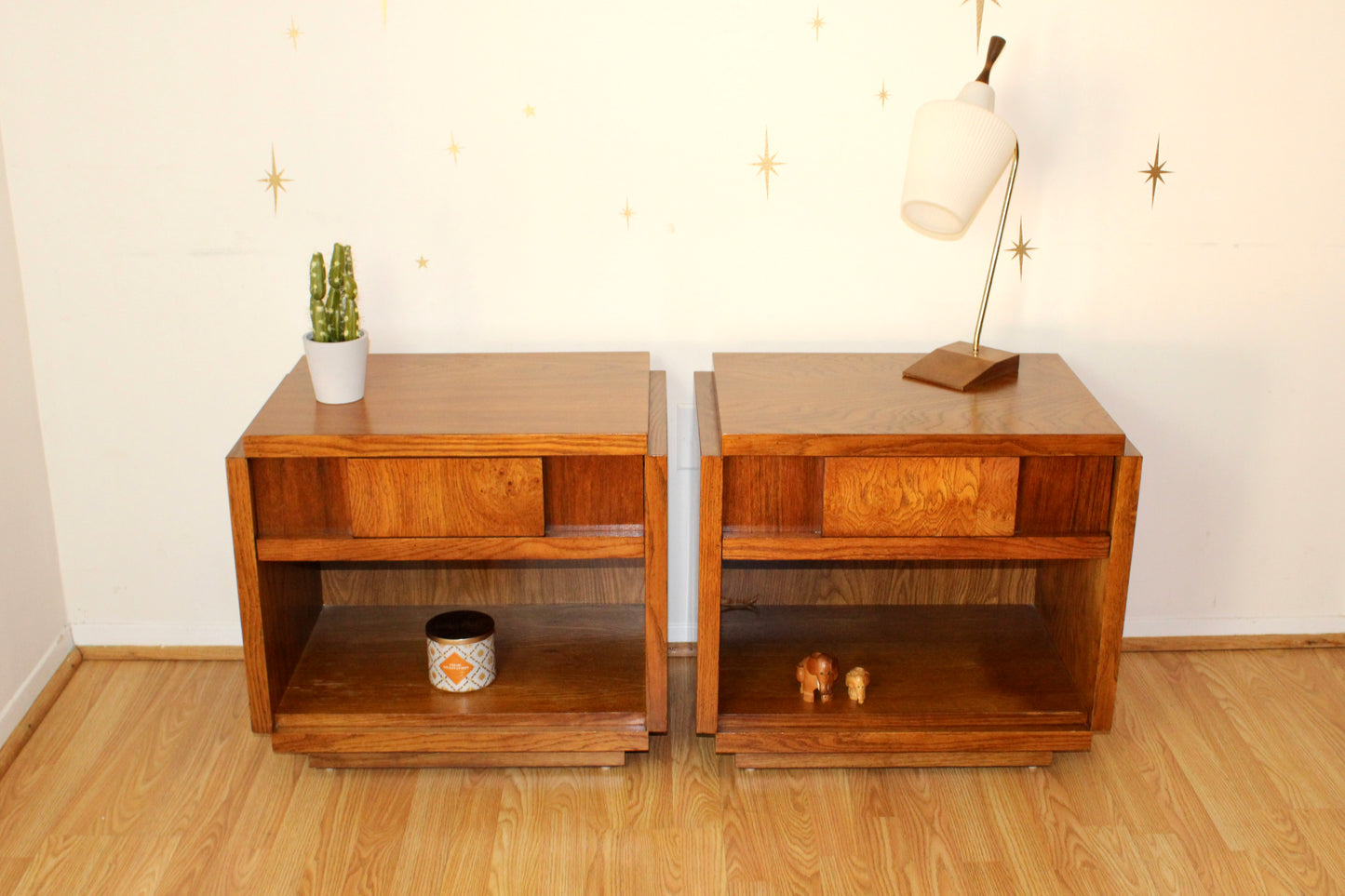 Pair of Vintage Cubist Oak Nightstands by Lane