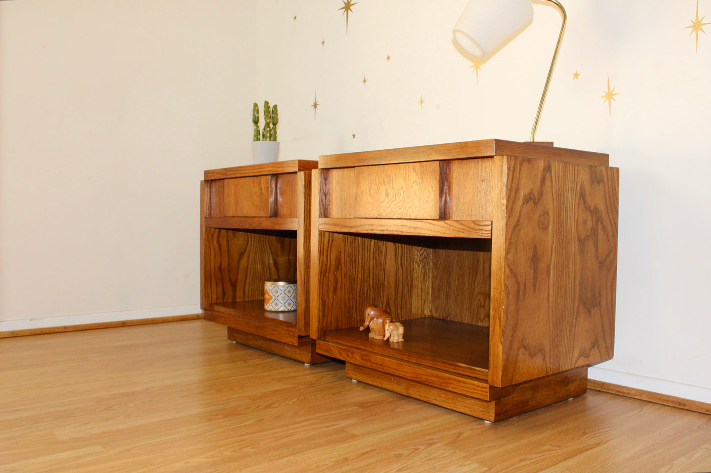 Pair of Vintage Cubist Oak Nightstands by Lane