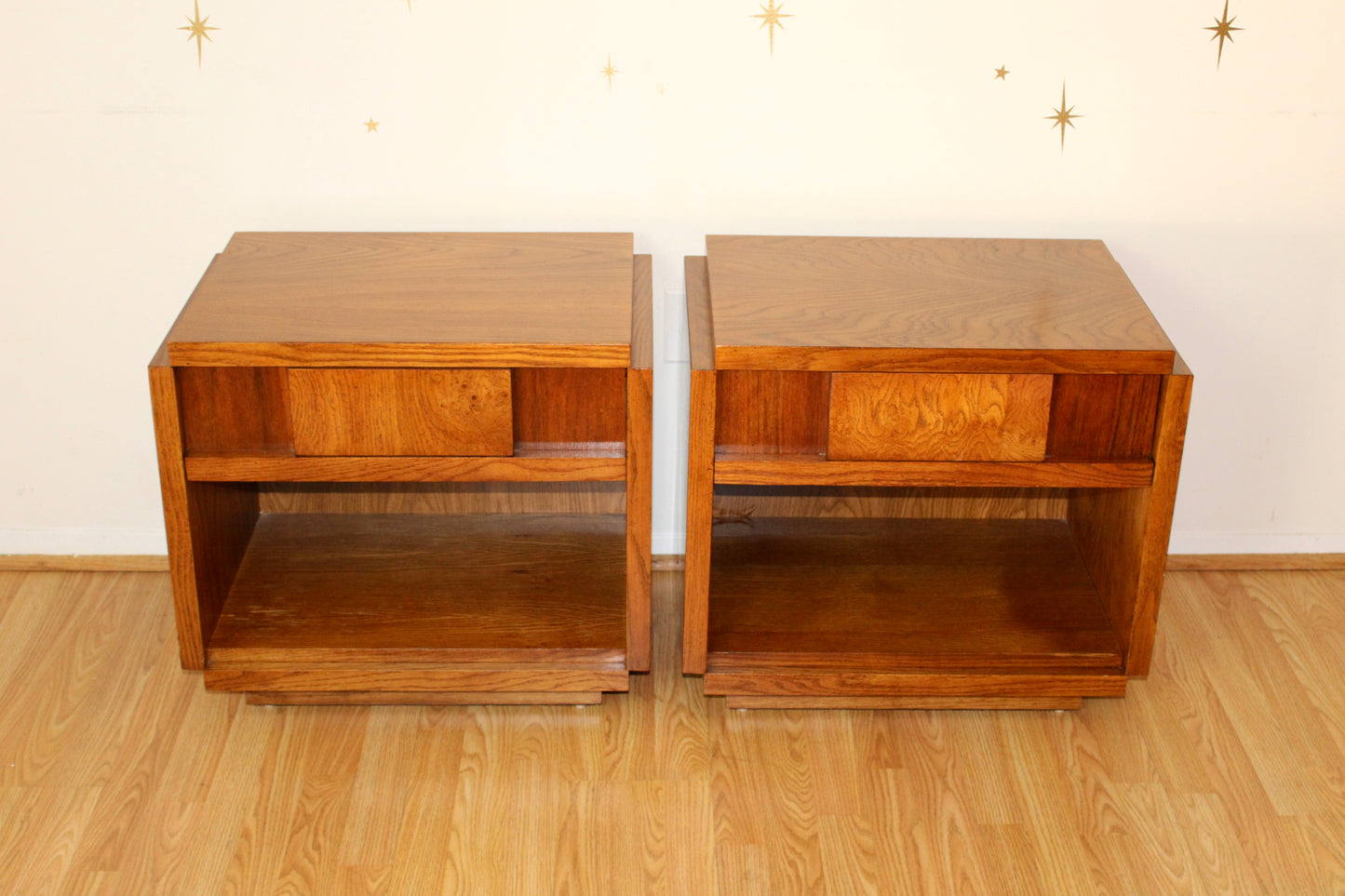 Pair of Vintage Cubist Oak Nightstands by Lane