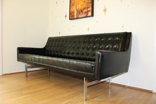 Vintage Black Vinyl Tufted Sofa