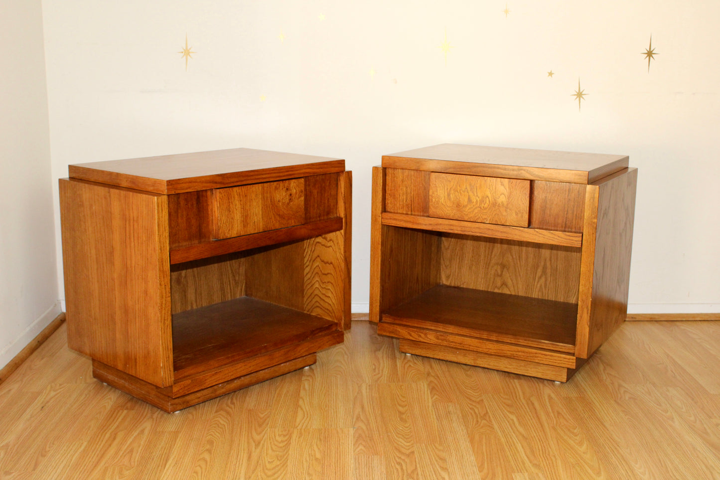 Pair of Vintage Cubist Oak Nightstands by Lane