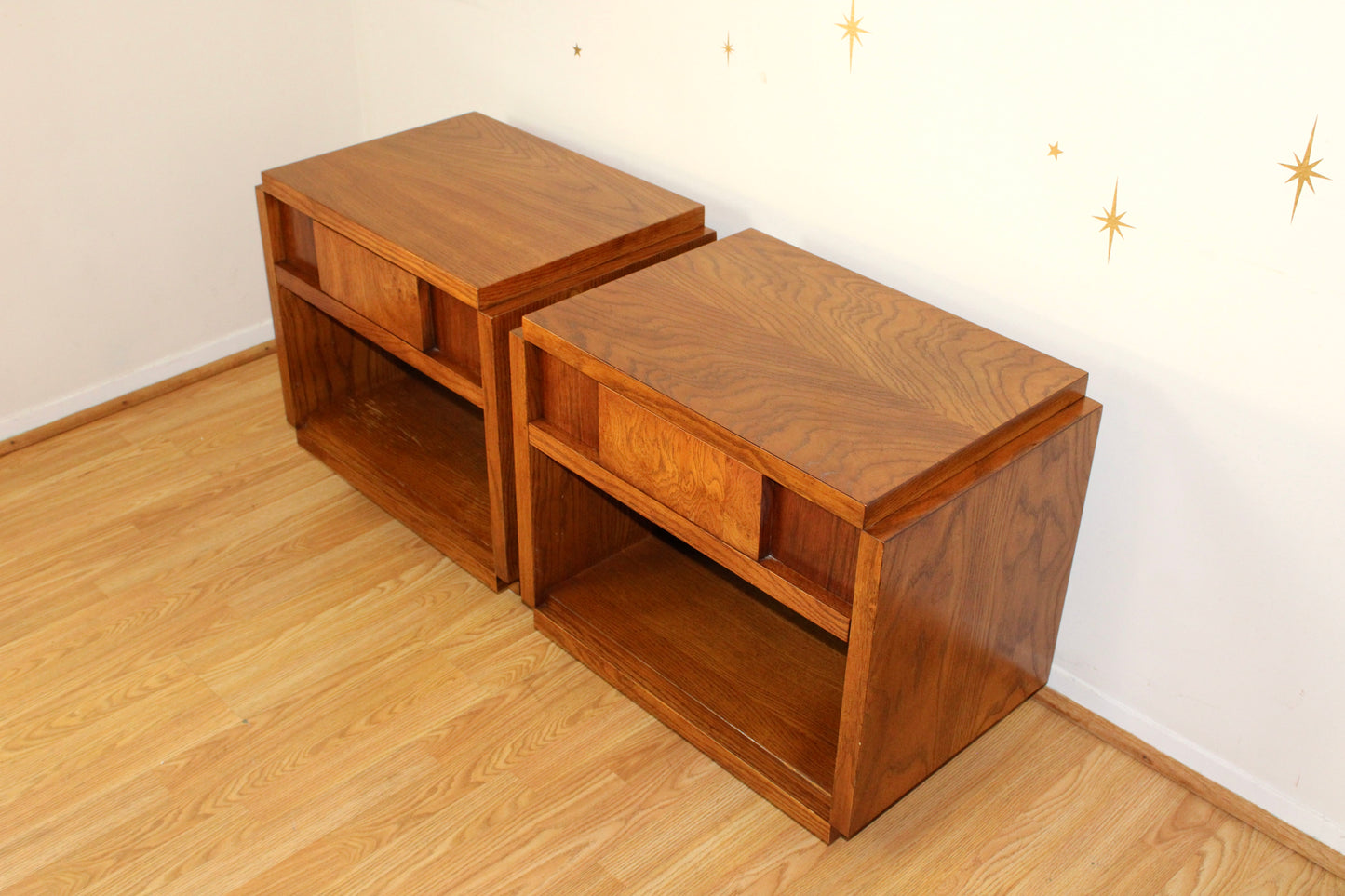 Pair of Vintage Cubist Oak Nightstands by Lane