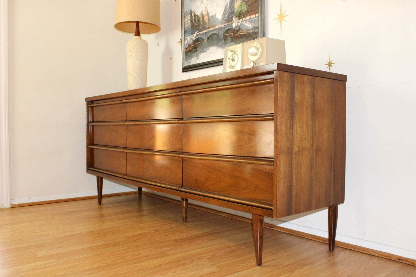 Mid-Century Modern Bassett Walnut Triple Dresser