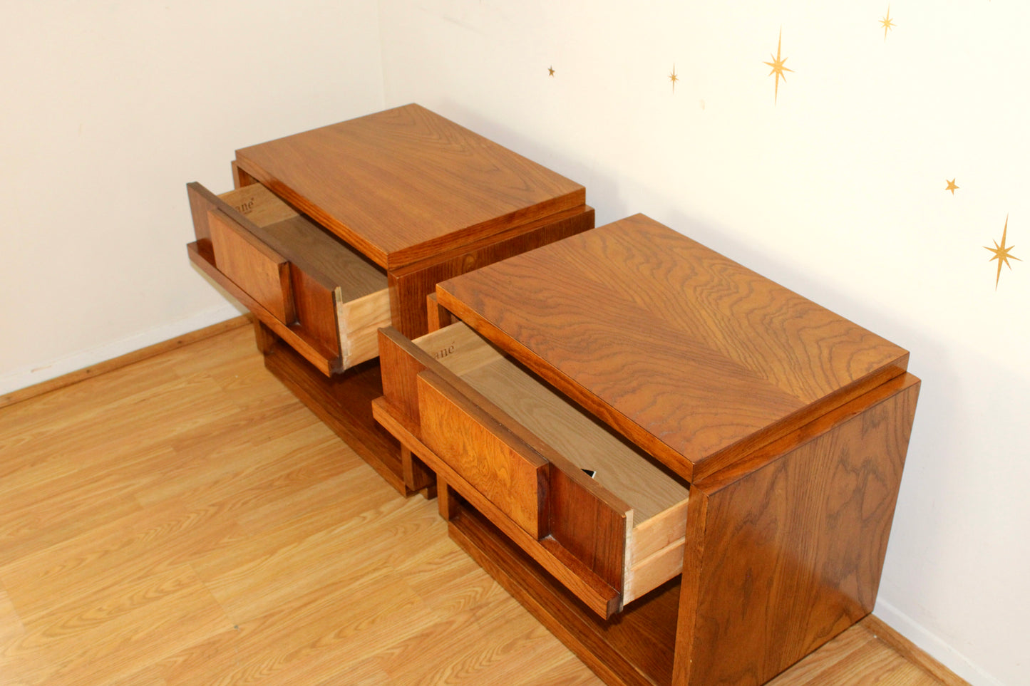 Pair of Vintage Cubist Oak Nightstands by Lane