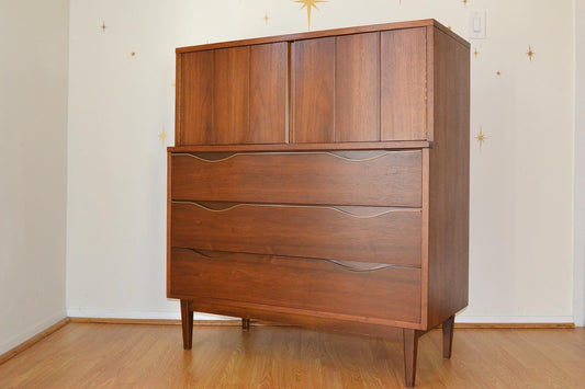 American of Martinsville Walnut Highboy Dresser