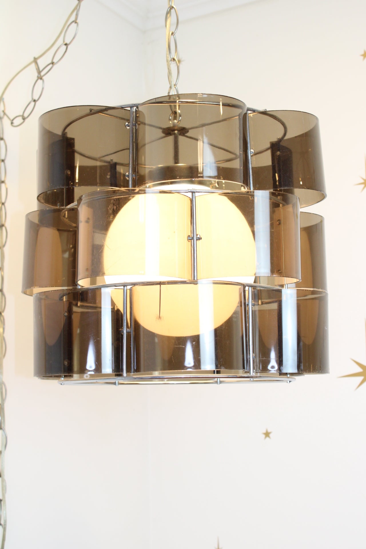 Smoked Lucite & Chrome Chandelier